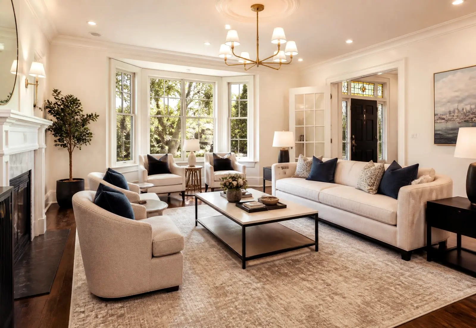 Elegant bright living room with bay window in a Toronto home