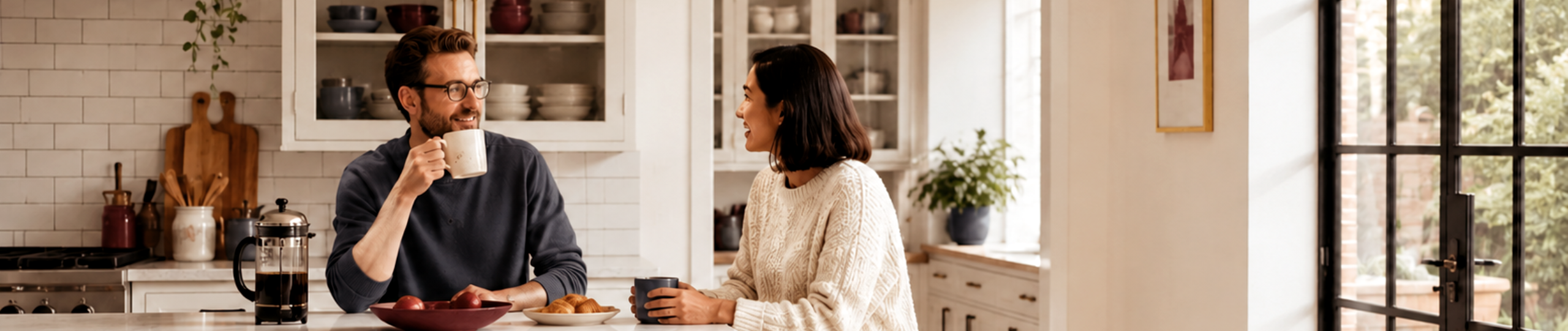Couple sharing coffee in their kitchen