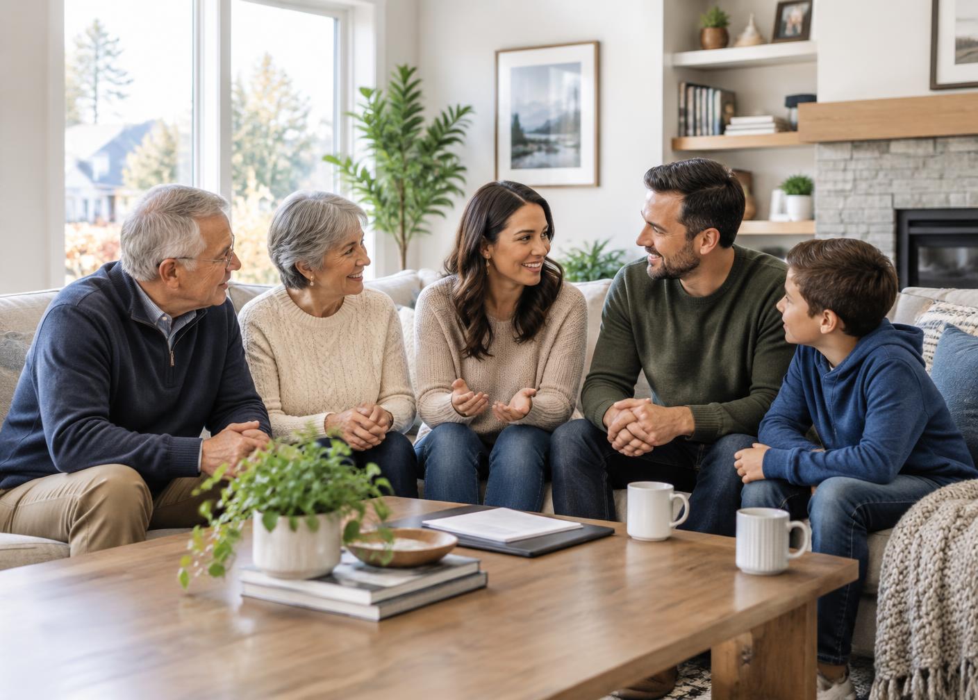 Ontario family discussing plans together at home